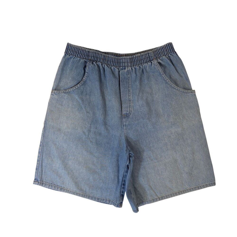 Vtg Cabin Creek High Waisted Denim Mom Shorts Blue Elastic Waist Relaxed Size 12